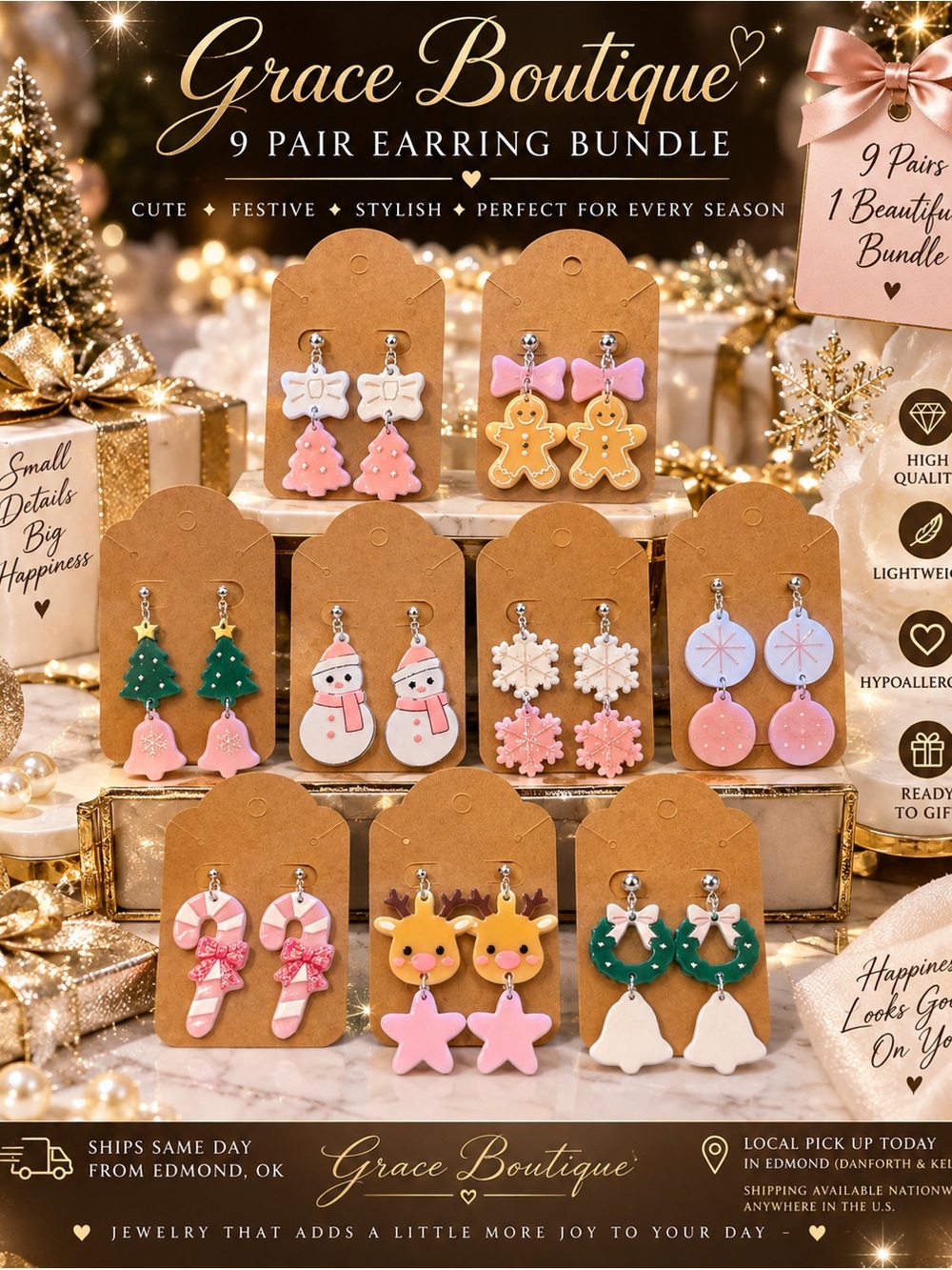Kids Christmas Earring Set - Pink & Green Holiday Bundle